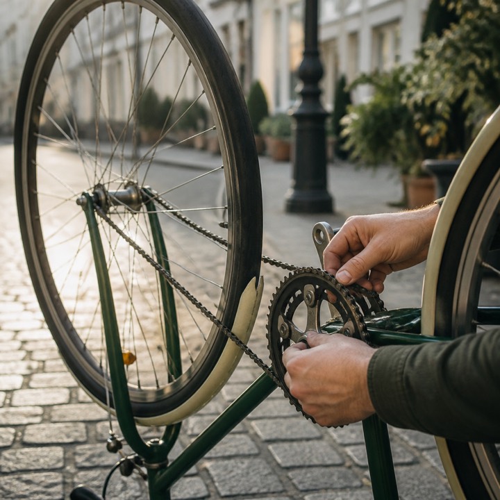 Hands guiding a slipped bicycle chain back onto the front chainring