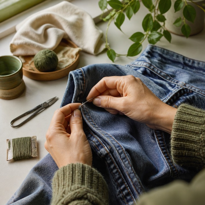 Hands stitching a torn inner seam on blue denim jeans