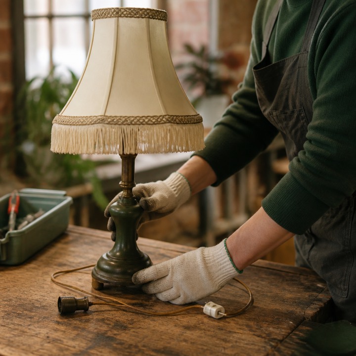 A repair café volunteer examining a table lamp with the cord unplugged