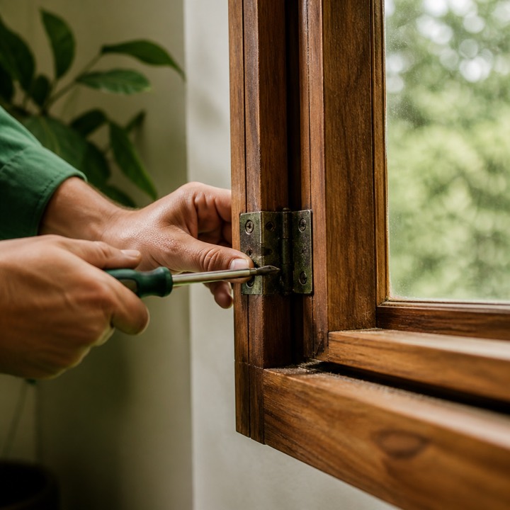 A hand tightening the hinge of an open window while supporting the sash